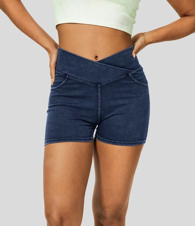 High Waisted Crossover Back Side Pocket Stretchy Knit Denim Casual Shorts (Denim)