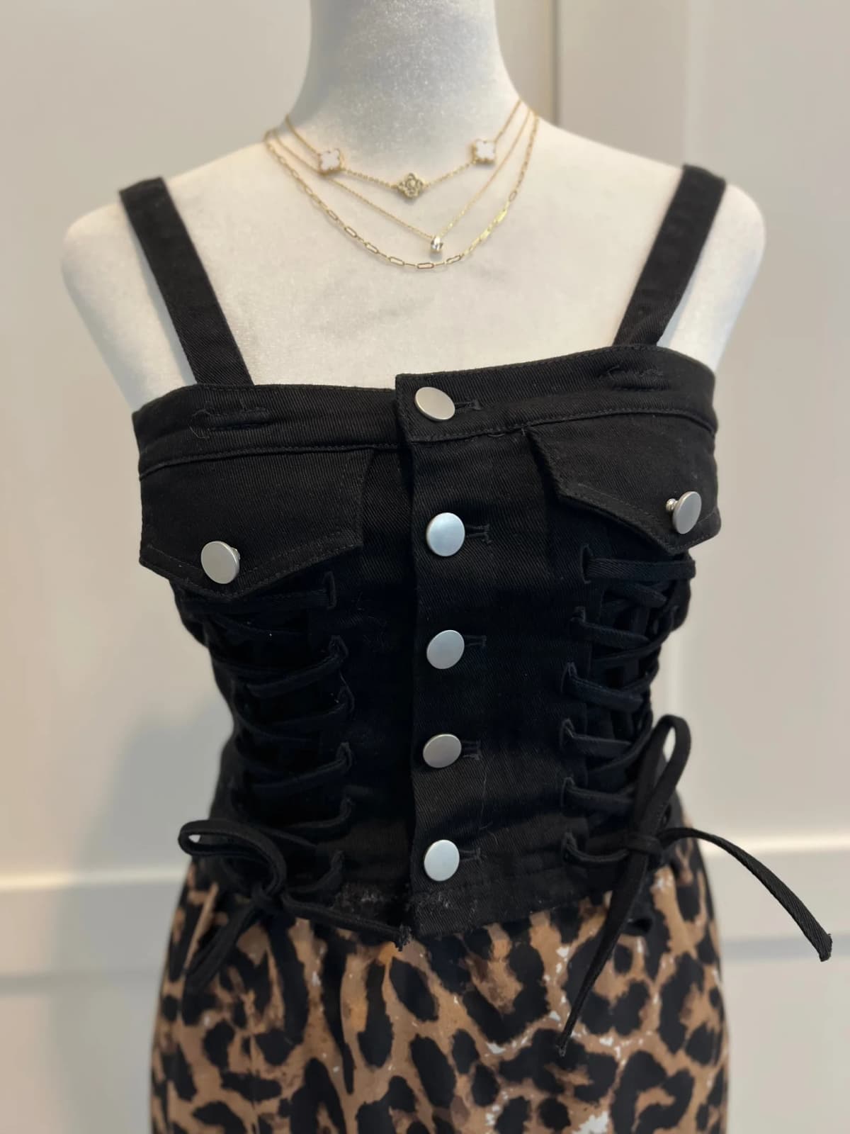 Denim Button Down Lace Up Detail Smocked Back Crop Top