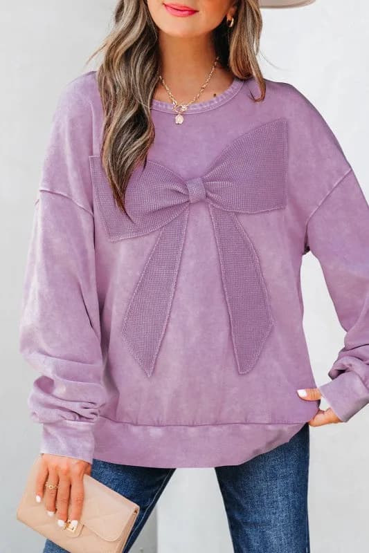 Solid Bow Patchwork Mineral Wash Sweatshirt
