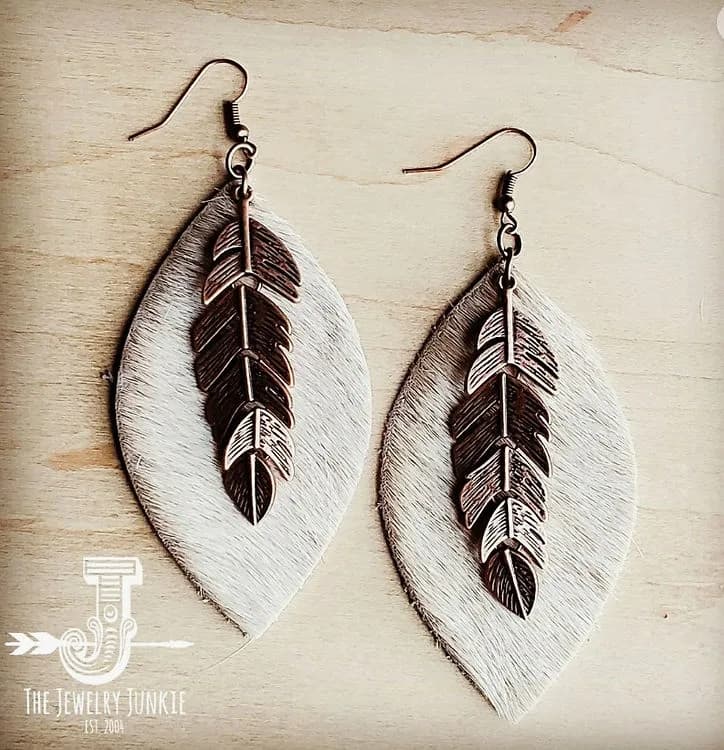 Leather Oval Earrings Hair On Hide Copper Feather My Store