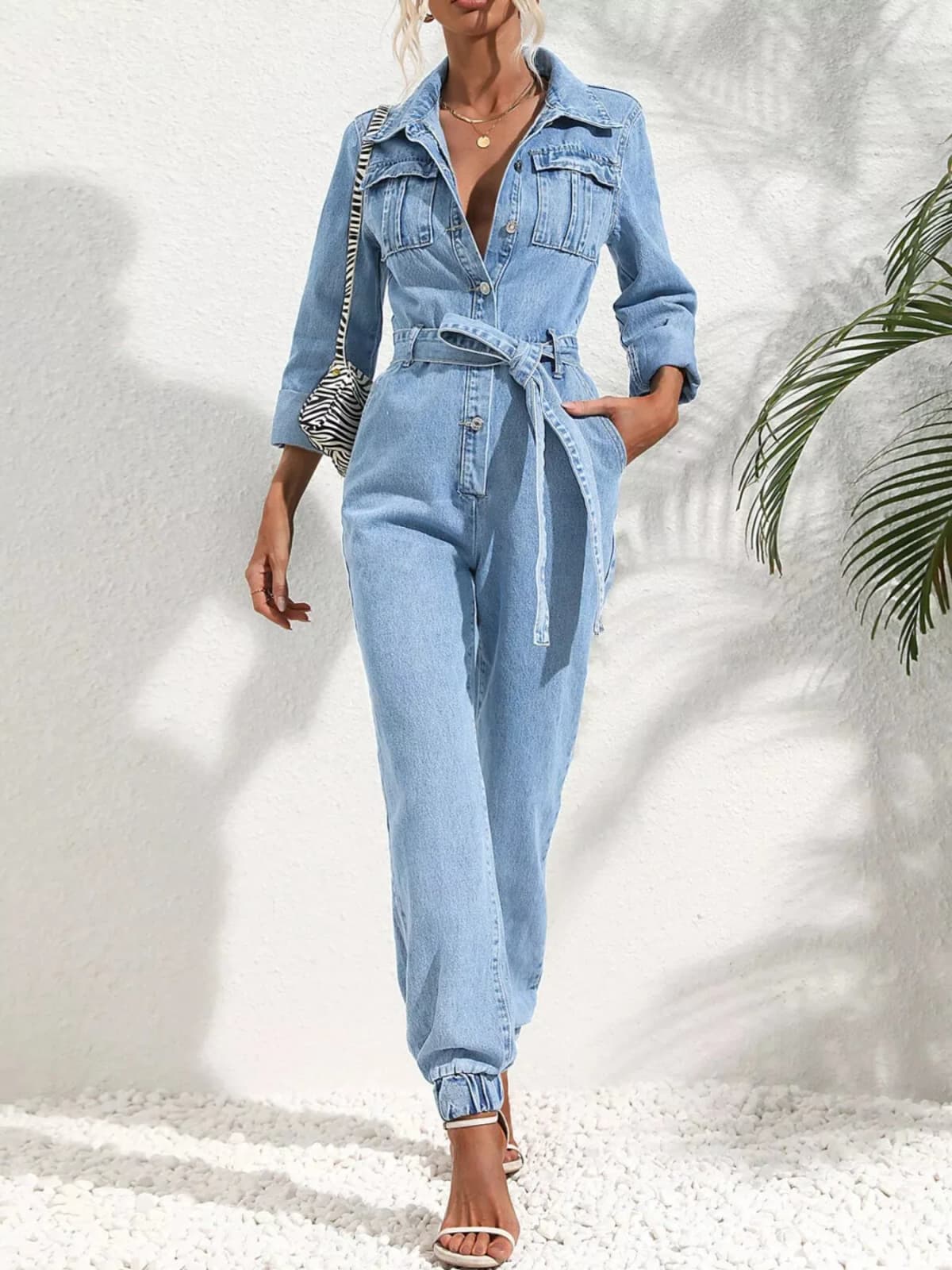 Button Front Belt Denim Jumpsuit