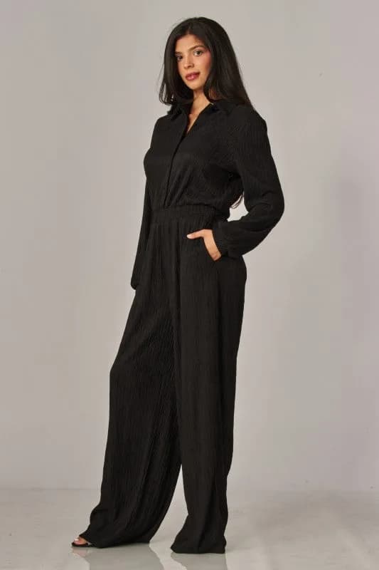 Crinkled Plisse Button Up Casual Jumpsuit