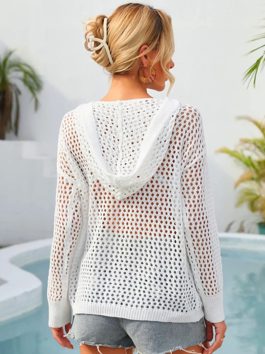 Angel Wings Flower Graphic LaceUp Openwork Hooded Cover Up
