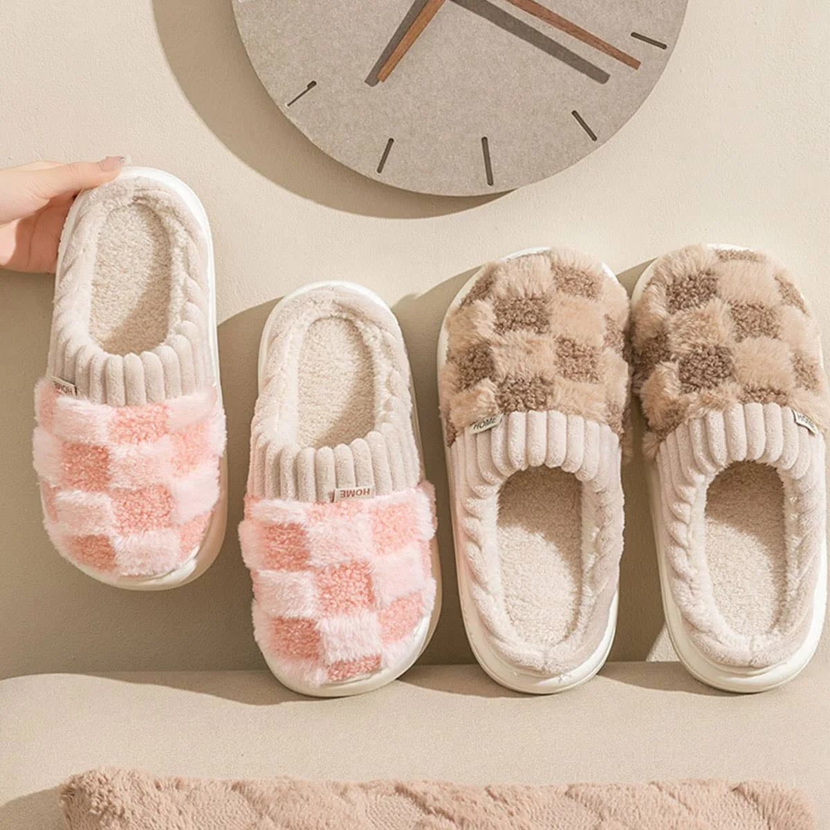 Checkered Fuzzy Warm Slippers