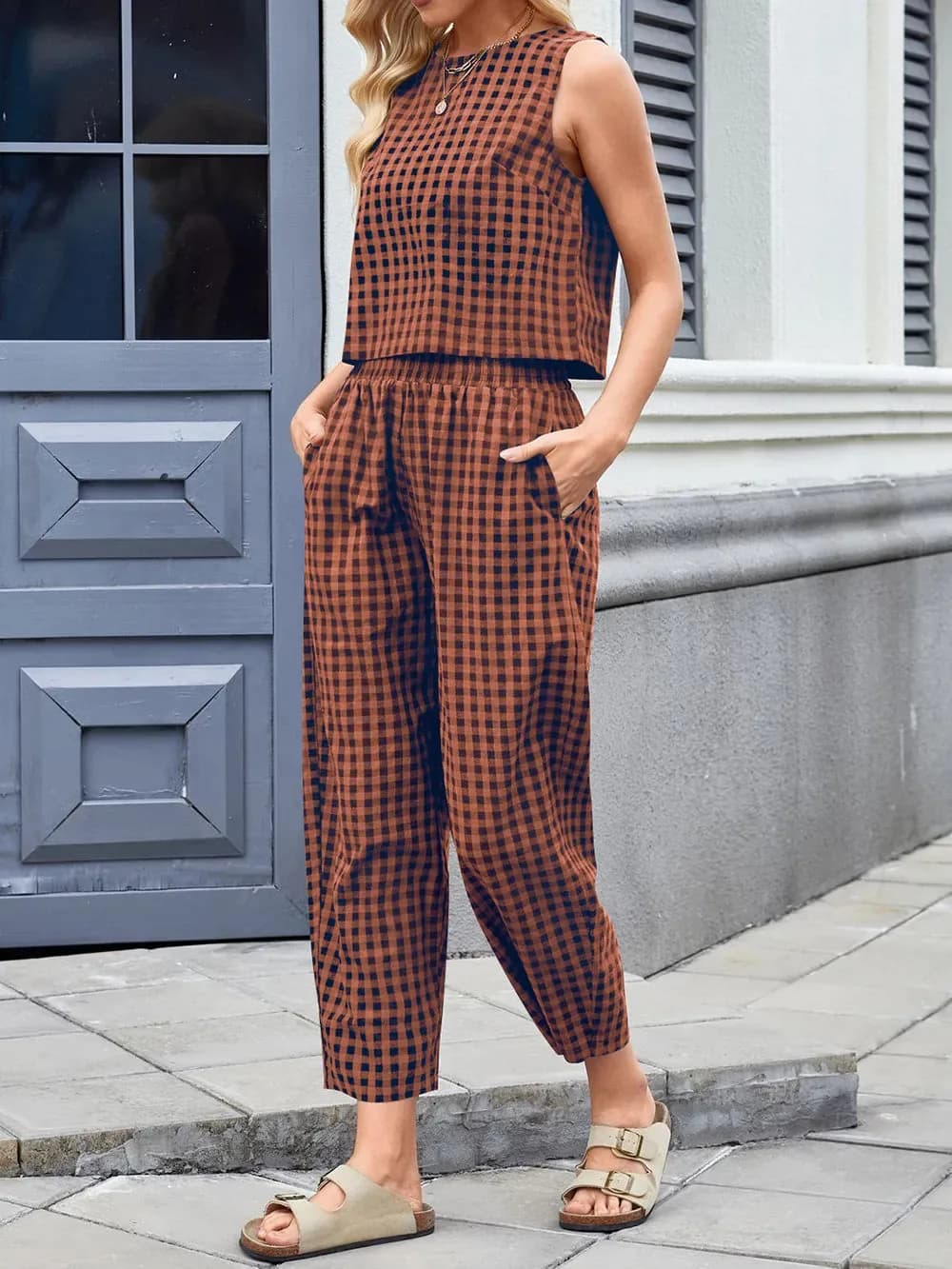 Lovelet Plaid Round Neck Sleeveless Top and Pants Set in Multiple Colors