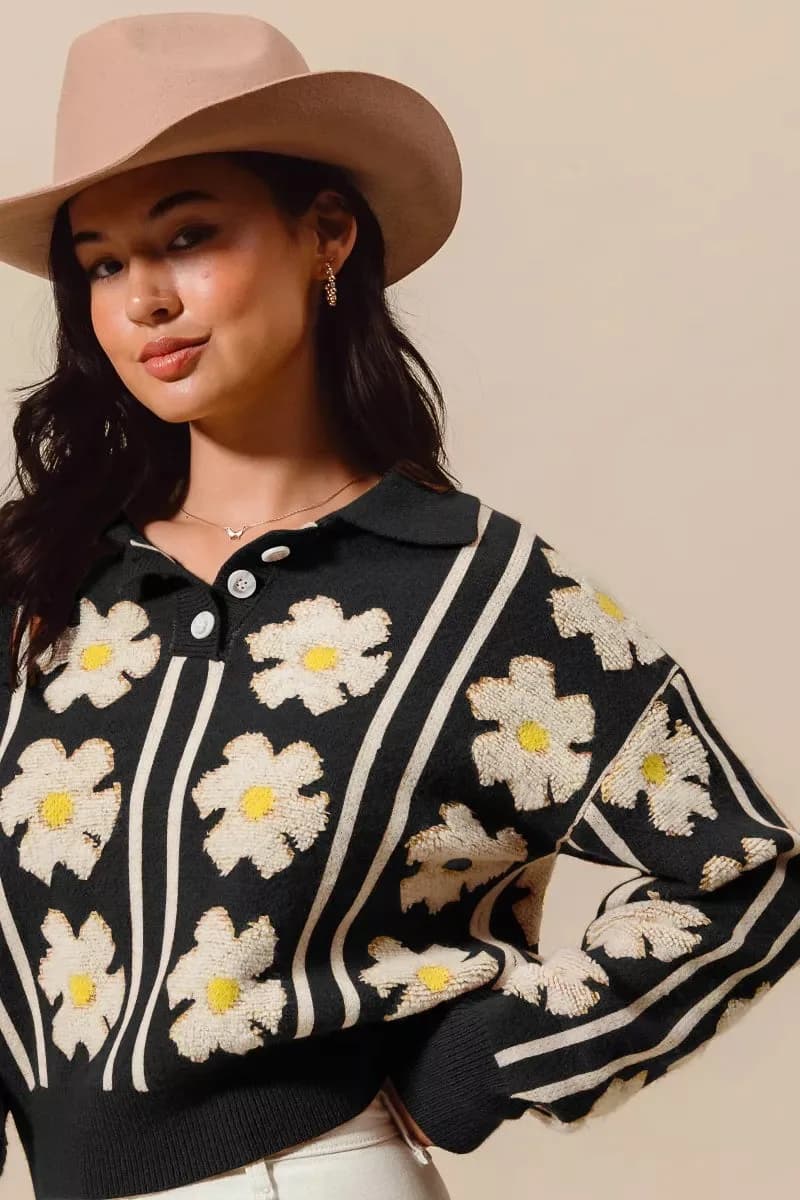 SO ME Floral Stripe Polo Collar Sweater