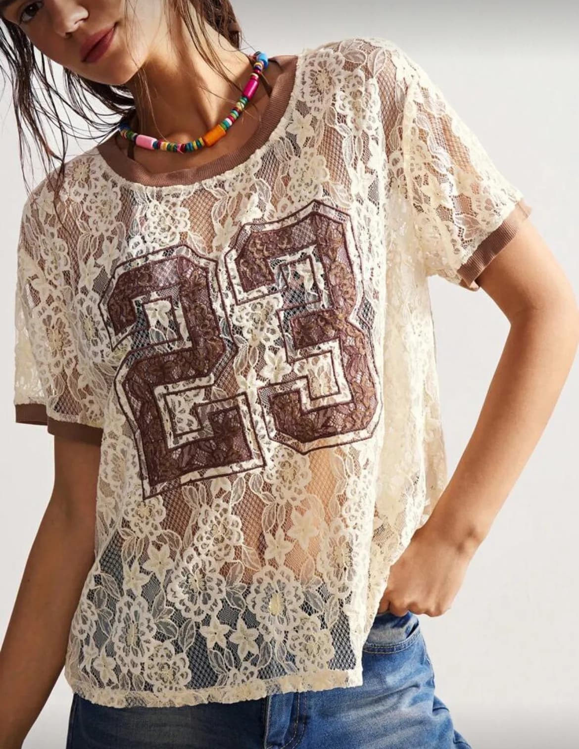 Cream Velvet Lace 23 Mesh Top Jersey