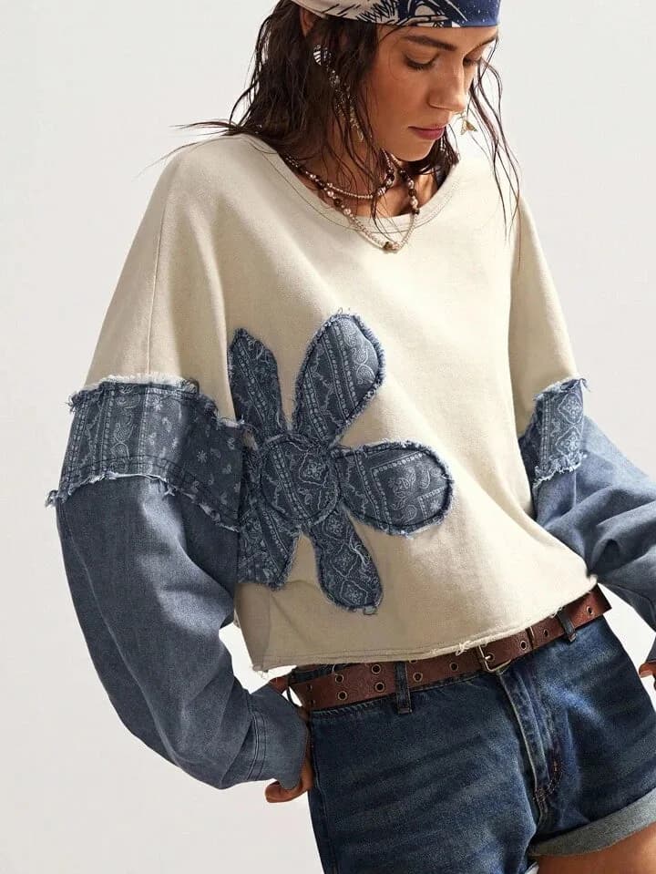 Flower Detail Sleeve Crop Shirt