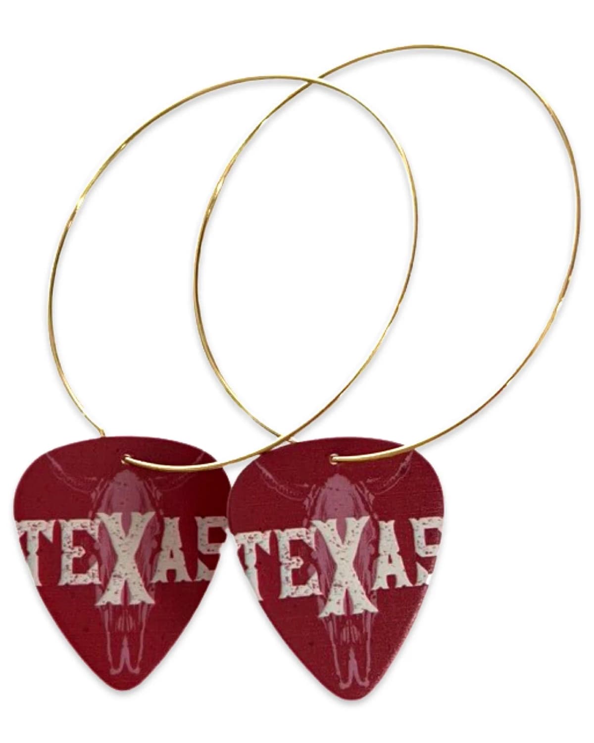 Texas Maroon Skull Reversible Single Guitar Pick Earrings 50mm Gold