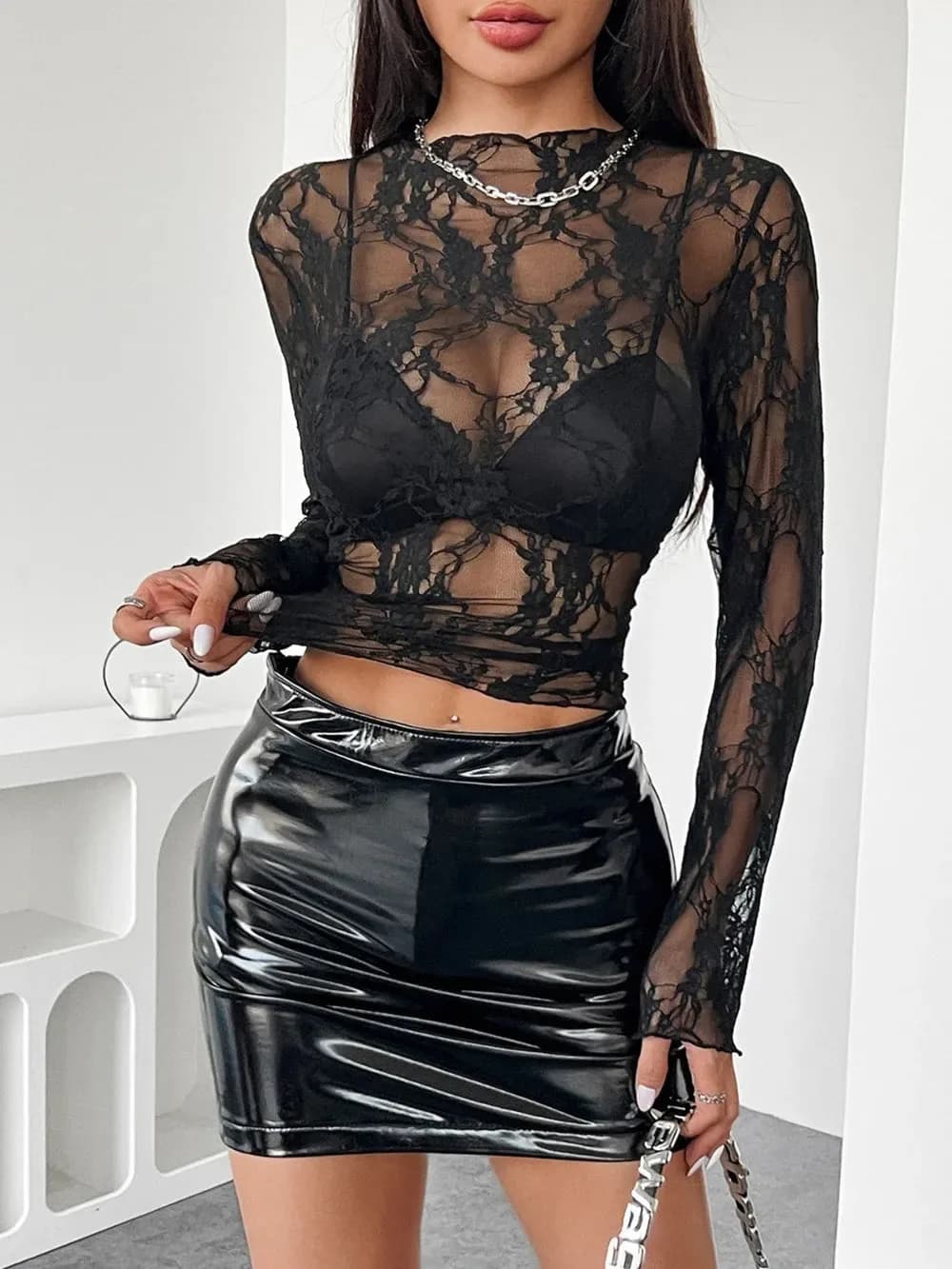 Mock Neck Floral Long Sleeve Sheer Lace Top Black