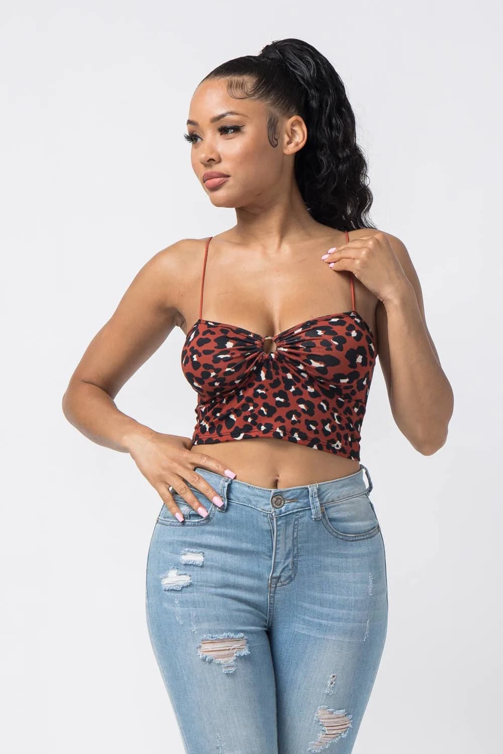 Animal Print Leopard Sleeveless O Ring Crop Top Julia by LoveJ (Ivory)