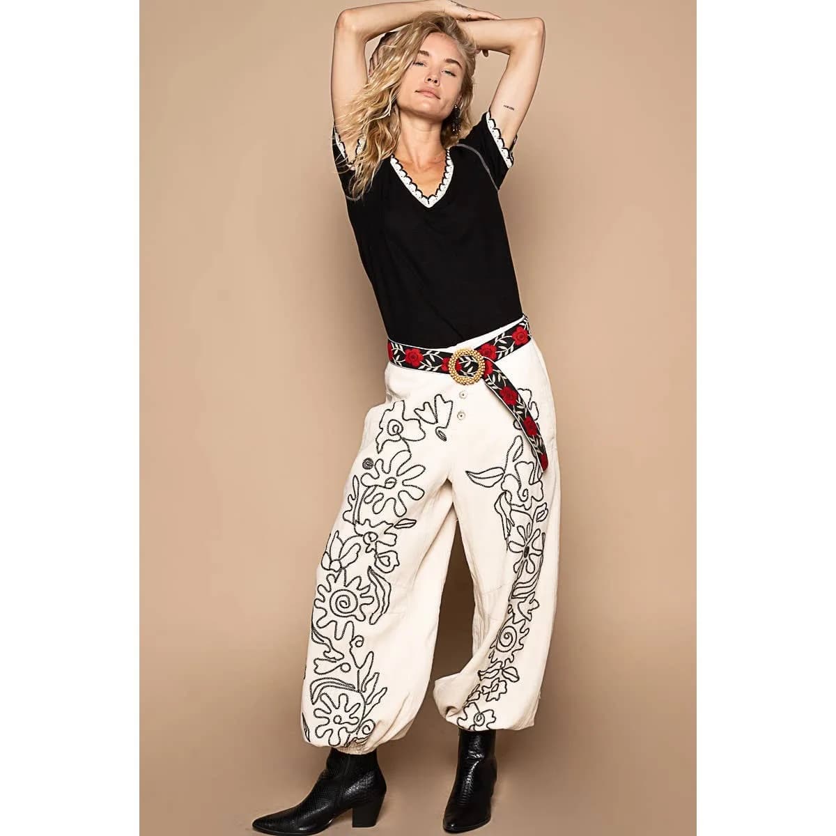 Floral Embroidered Pattern Solid Twill Jogger Pants by POL