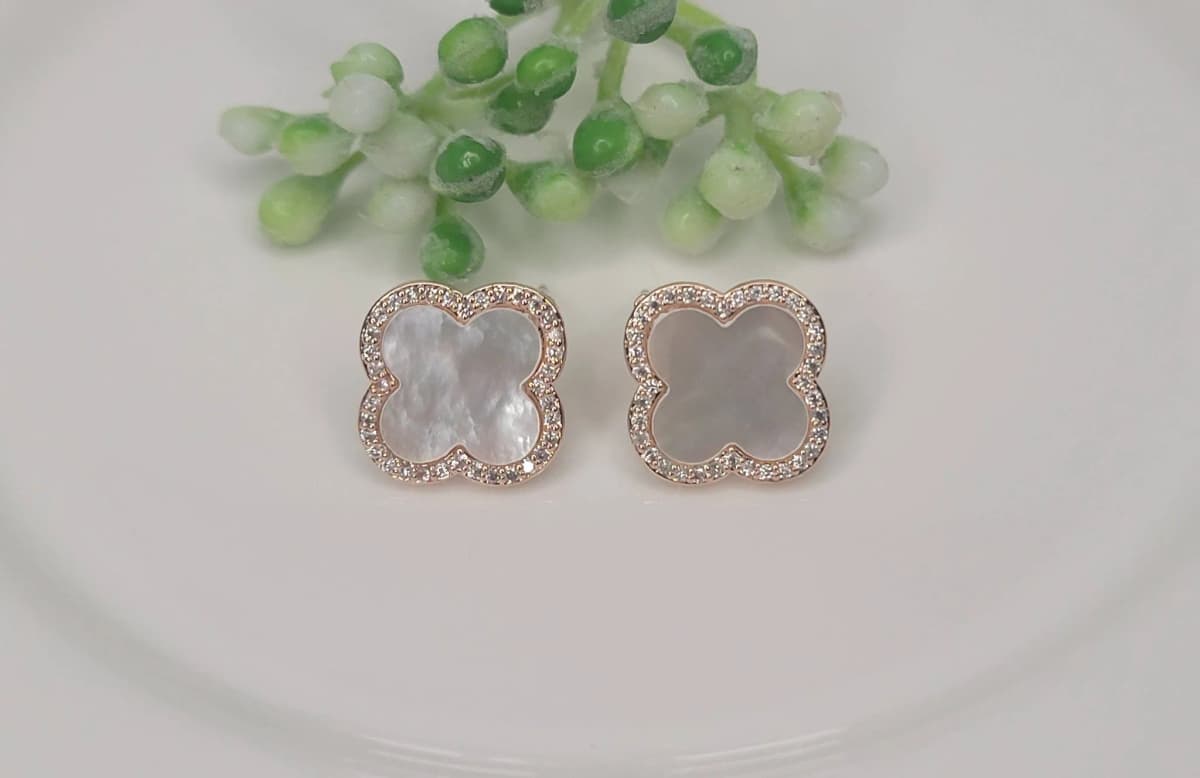 Four Leaf Clover Seashell Post Rose Gold Earrings
