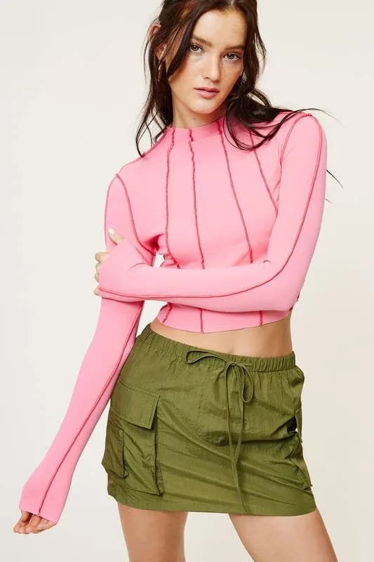 Hydrangea Fitted Mock Neck Knit Top With Linear Seam Detailing