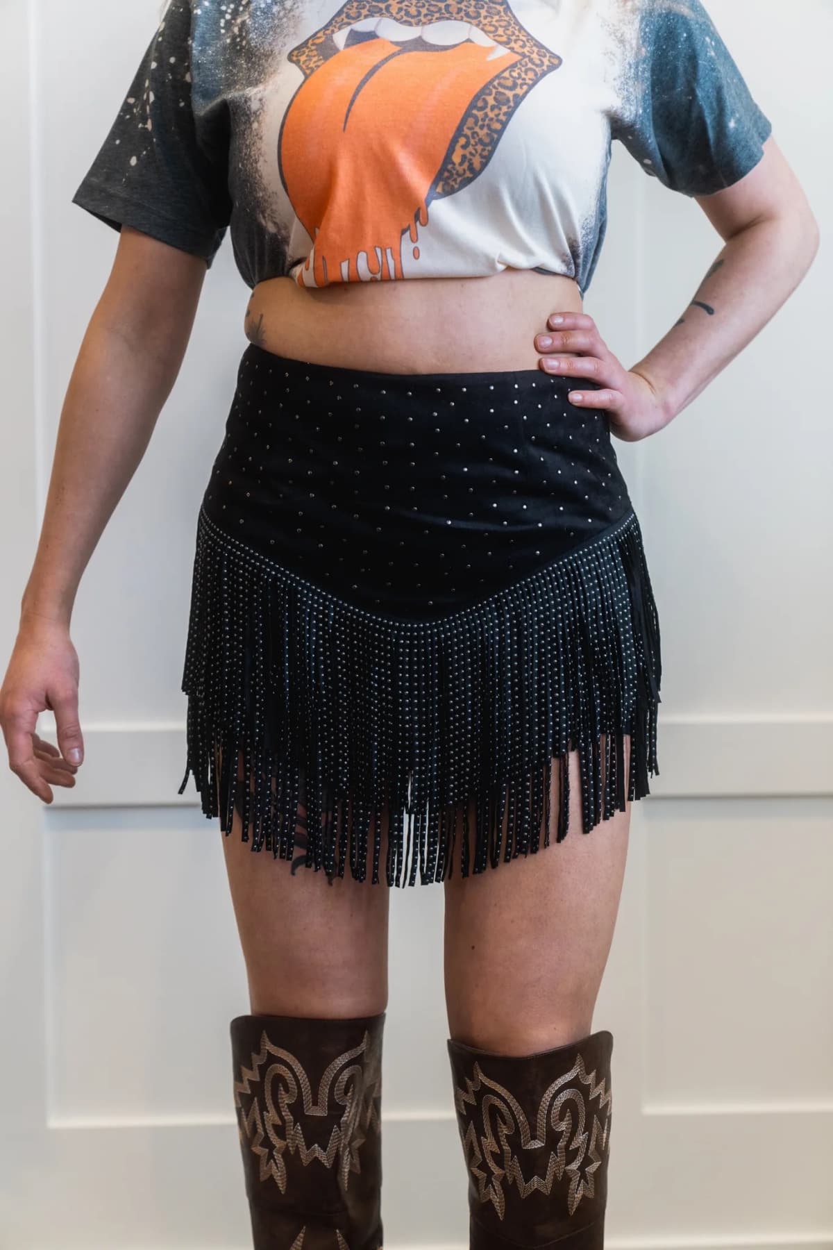 Faux Suede Studded Handkerchief Hem Tiered Skort Blue B
