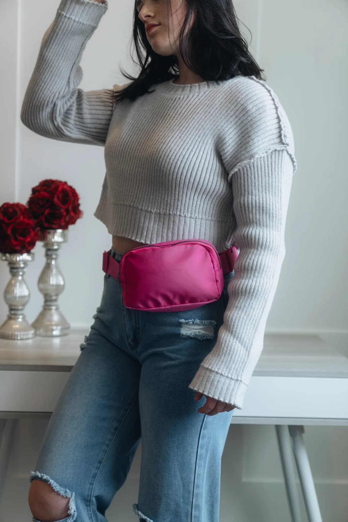 Long Sleeve Crop Top Sweater Gray