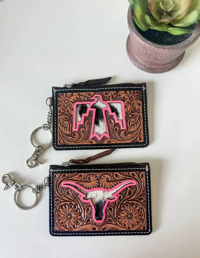 Bow Turquoise Tooled Leather Keychain Wallet