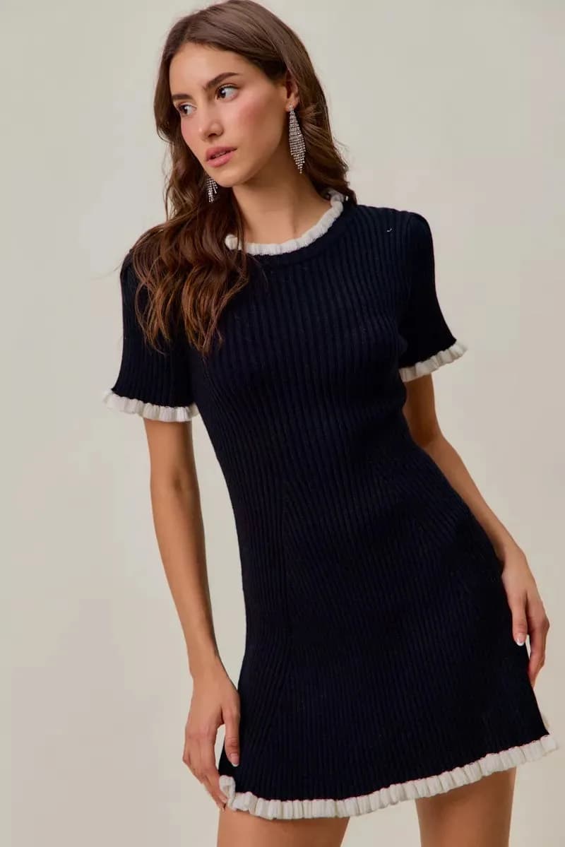 SO ME Contrast Ruffled Sweater Knit Mini Dress