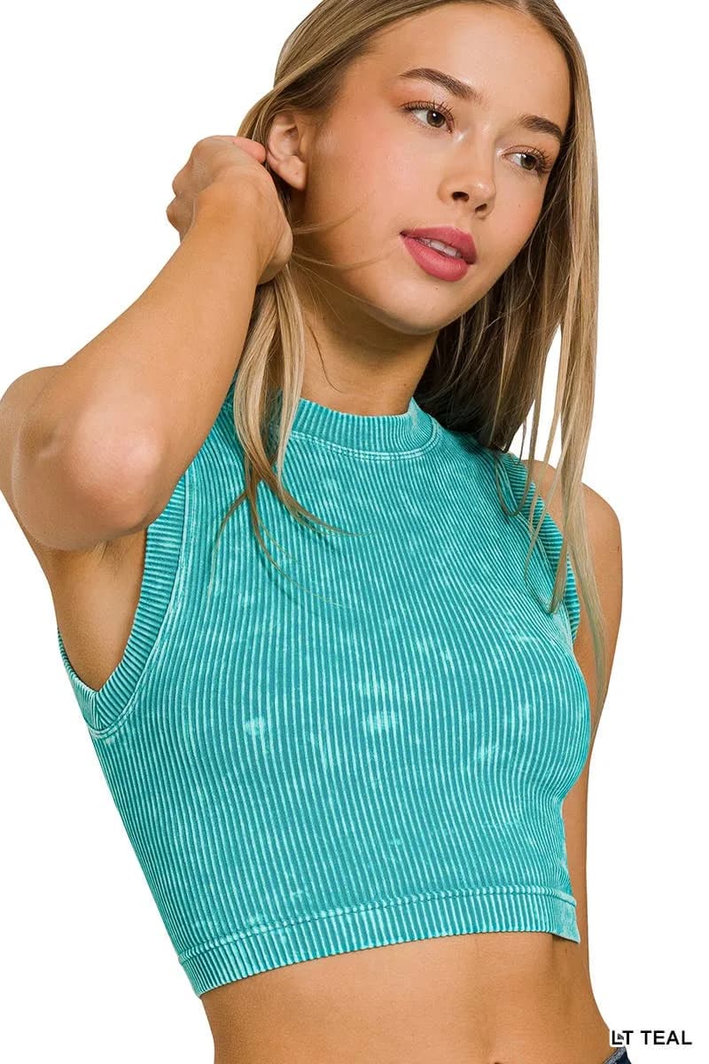 Stone Washed Ribbed Seamless Crop Tank Top Zenana