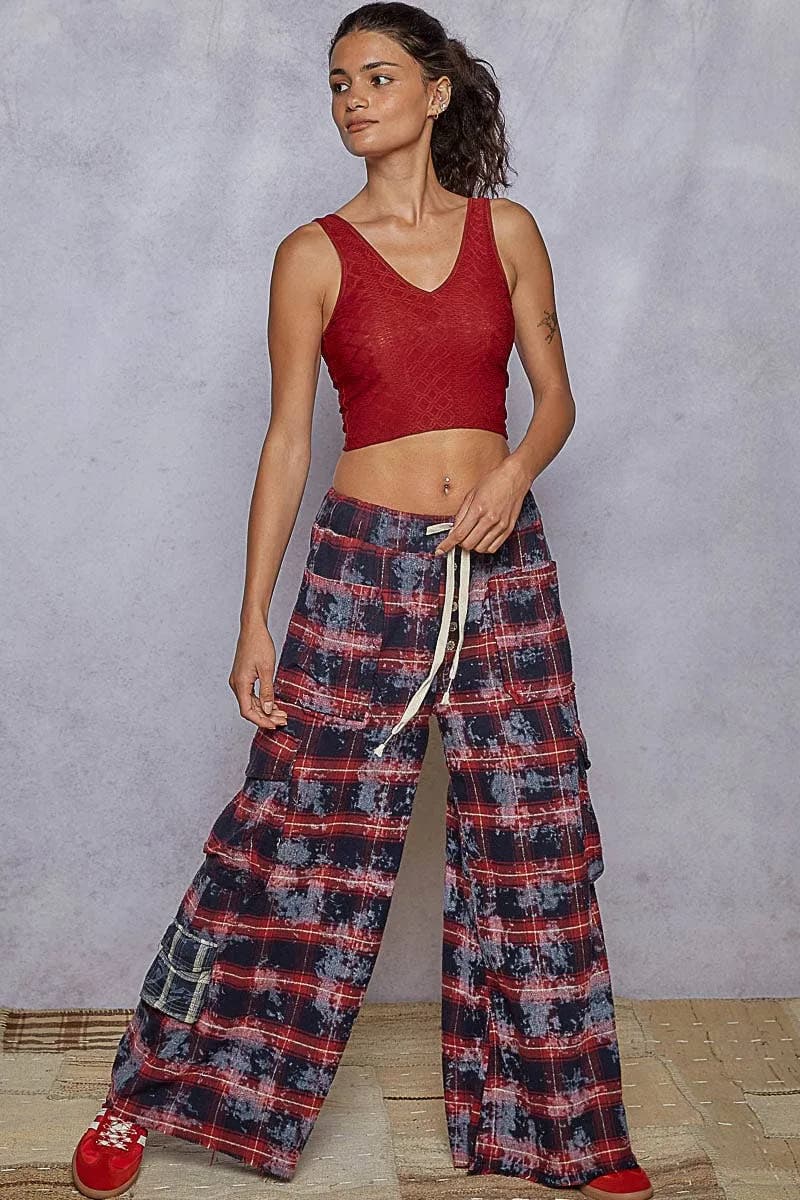 Tie Waist Plaid Cargo Pants Wide Leg by Pol