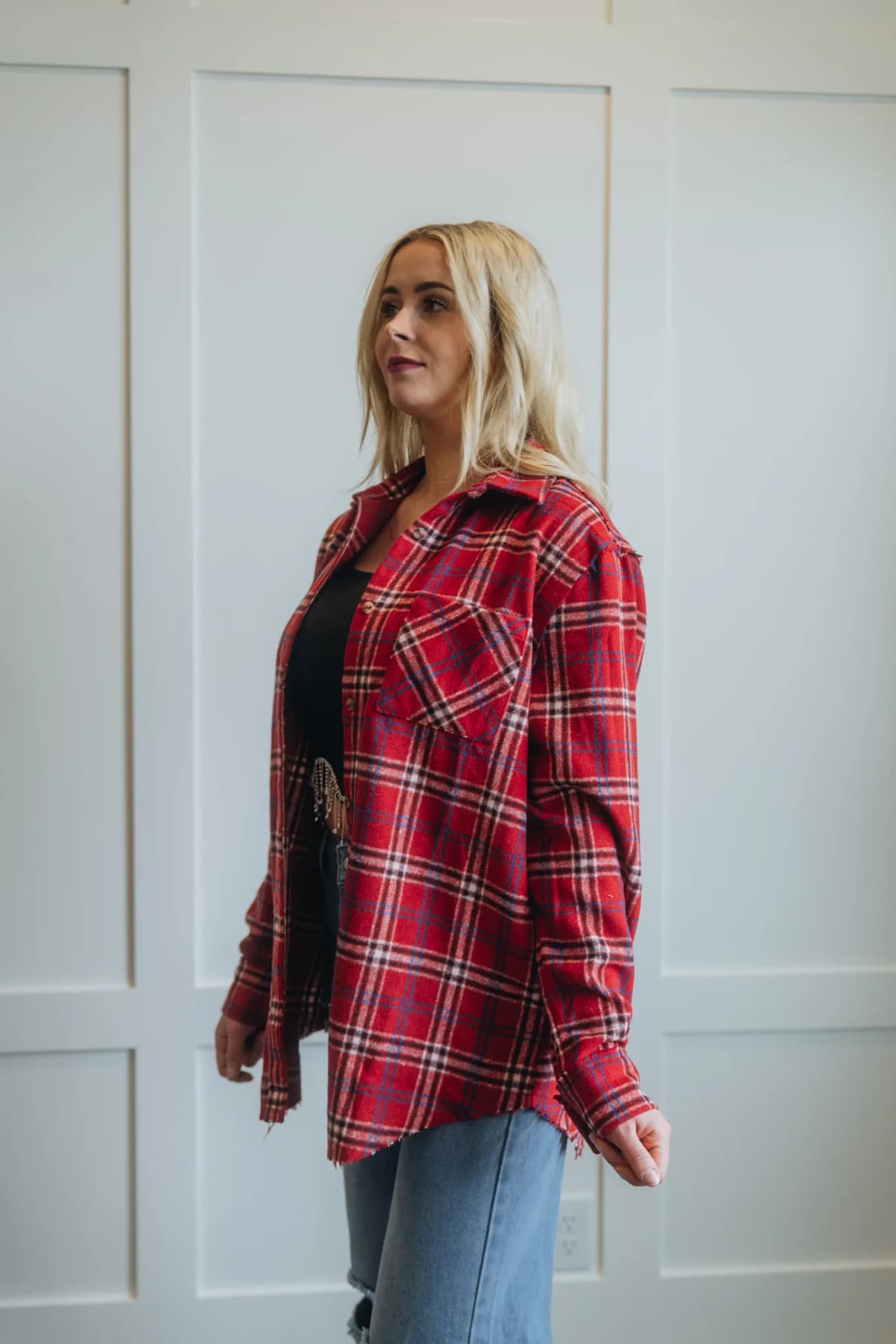 Button Down Fall Winter Plaid Shacket La Miel (Pink)