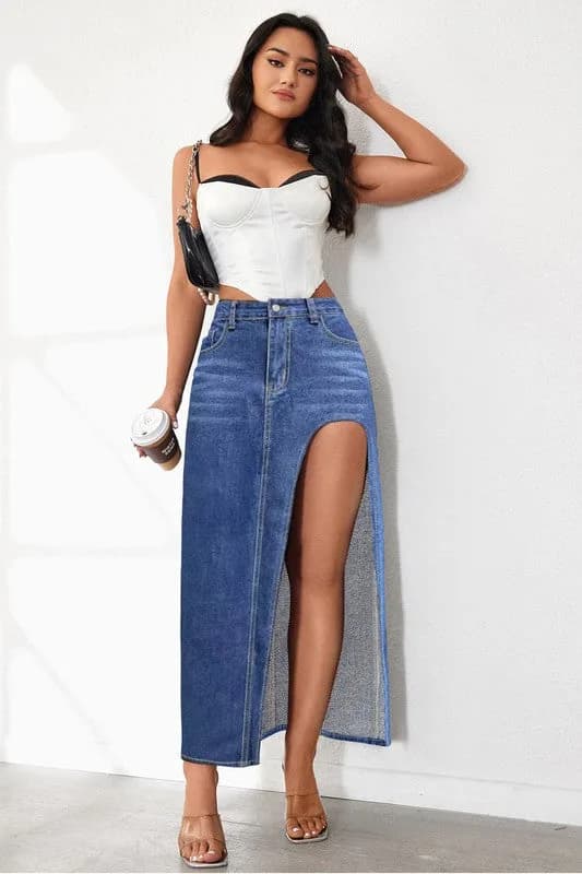 Long Dark Denim Sexy Slit Skirt by Claude