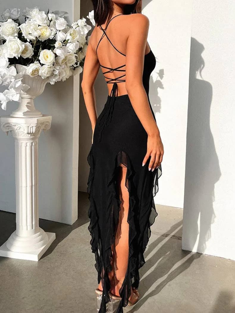 Sexy Spaghetti Strap Backless Sexy Solid Color Dress Lovesoft (Pink)