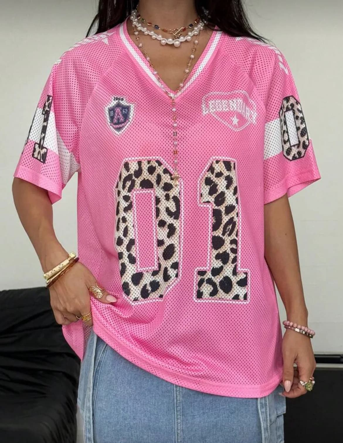 01 Leopard Pink Mesh Trim Top Jersey