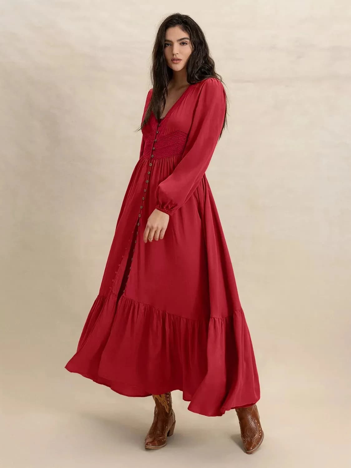 V-Neck Balloon Sleeve Ruffled Hem Maxi Dress