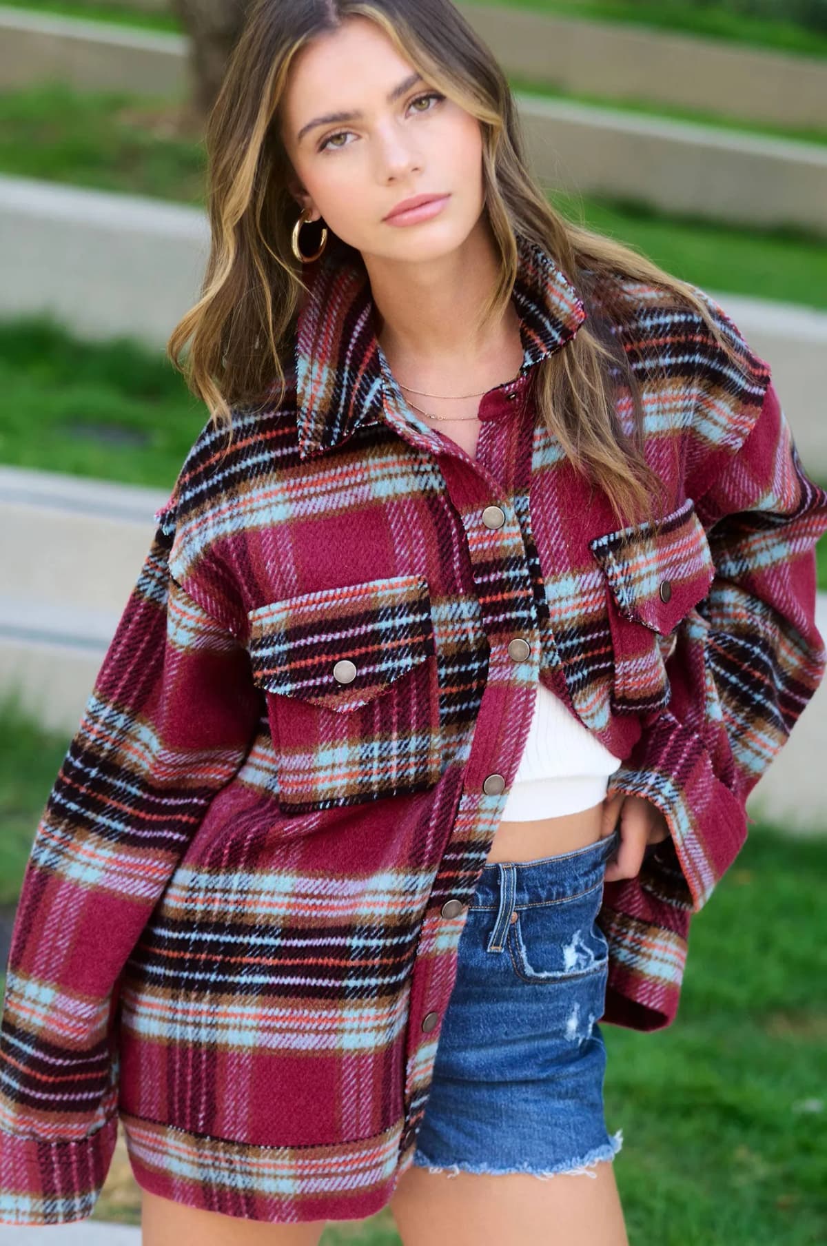 Loose Fit Plaid Button Down Shacket with Pockets
