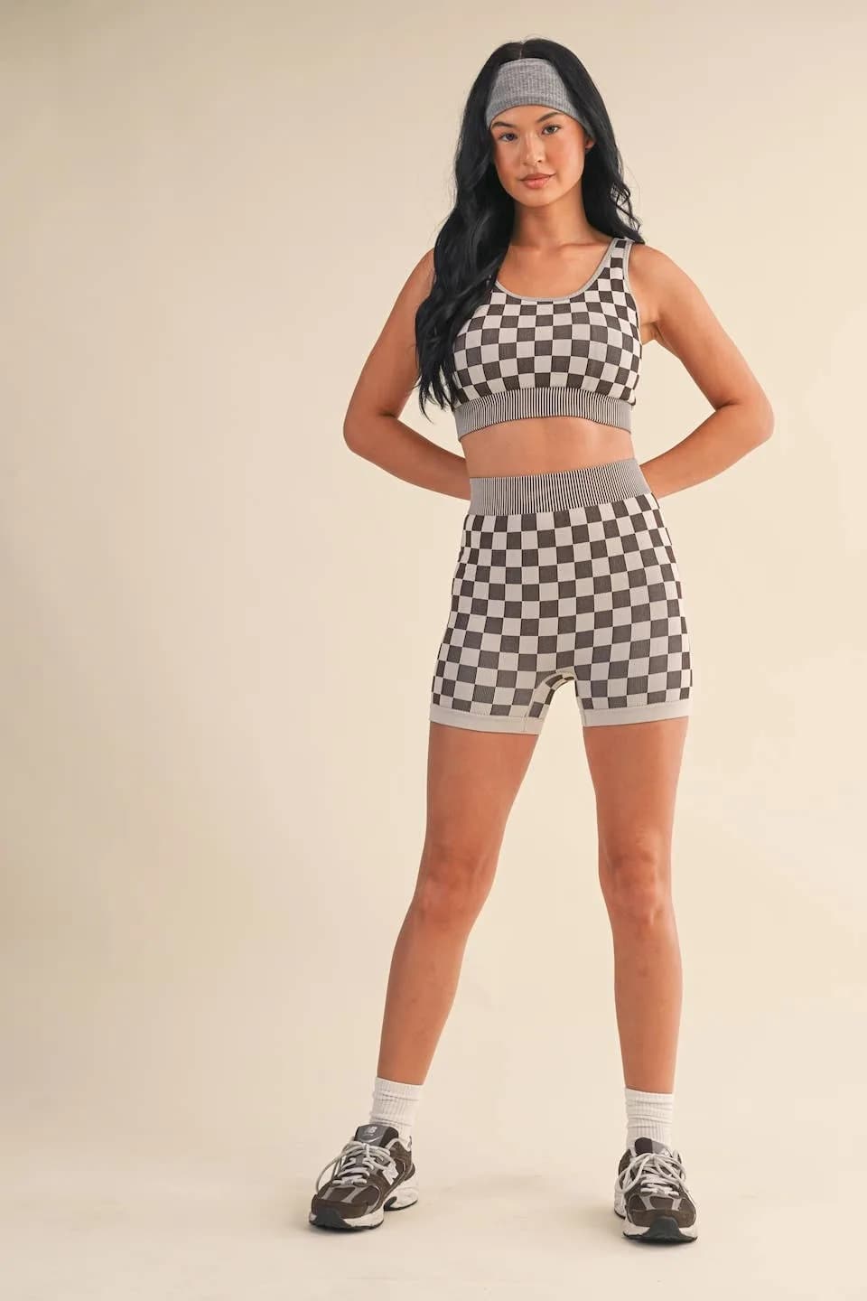 Brown Checkmate Checkered Crop Two Piece Set by Kimberly C