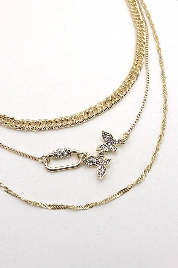 Rhinestone Butterfly Lock Multi Chain Necklace