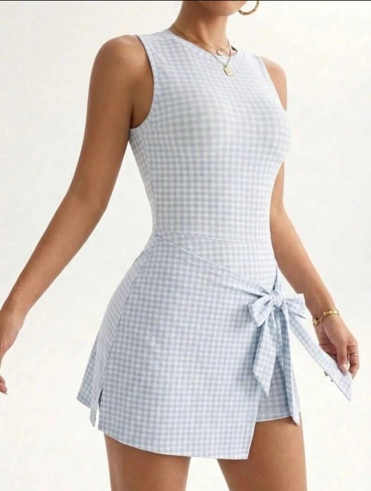 Blue Gingham Wrap Tie Dress