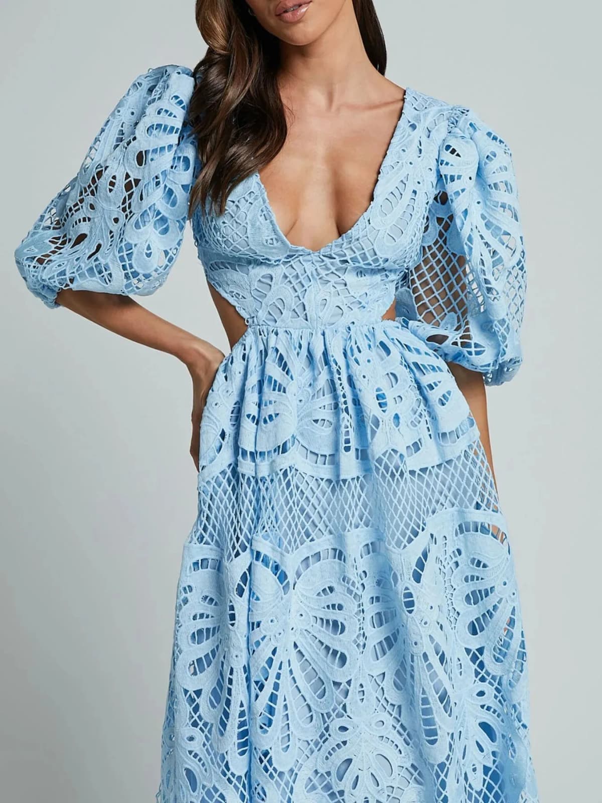 Cutout Back Lace Crochet V-Neck Dress Multiple Colors