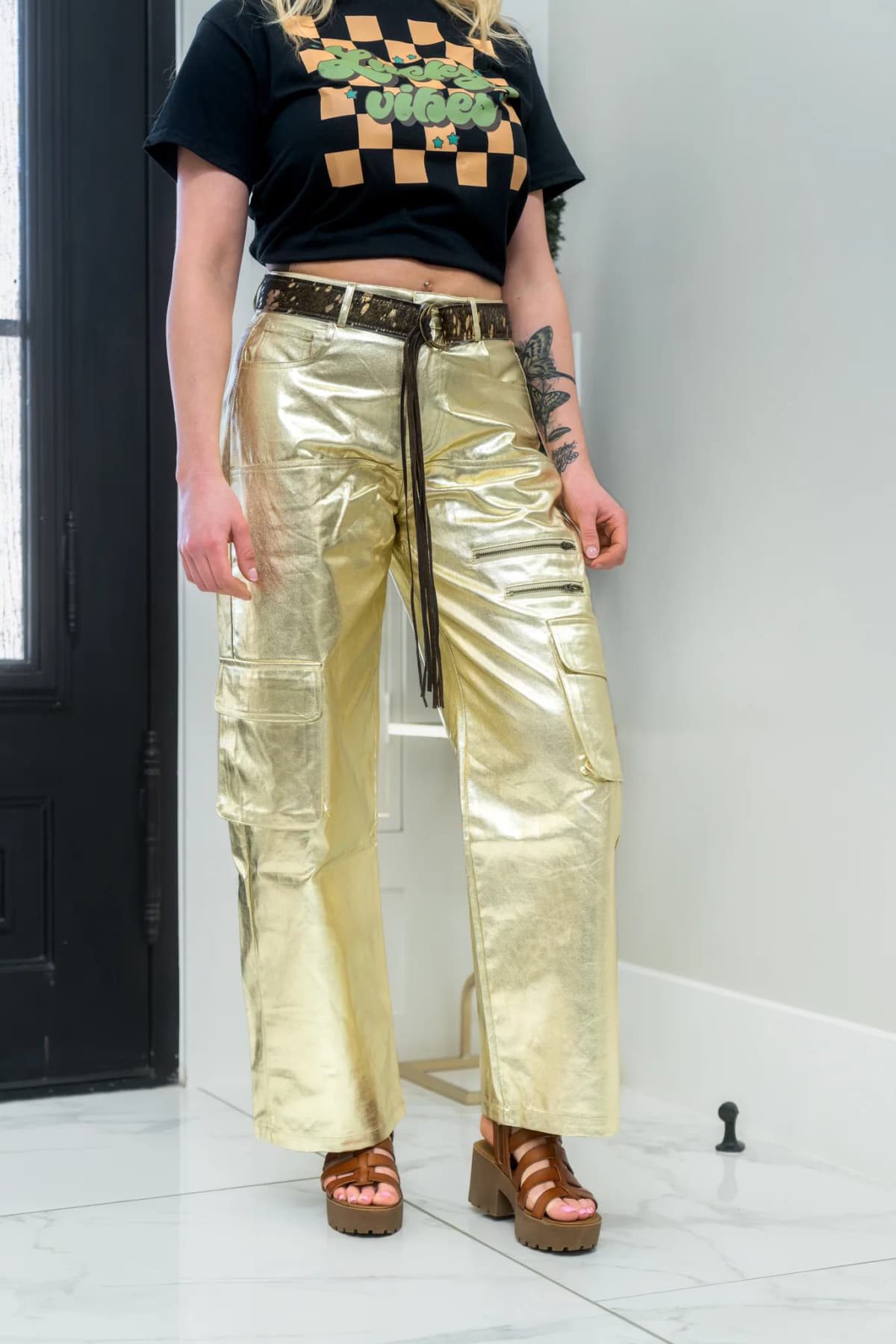 Metallic Wide Leg Cargo Pants Kiwi (Gold)
