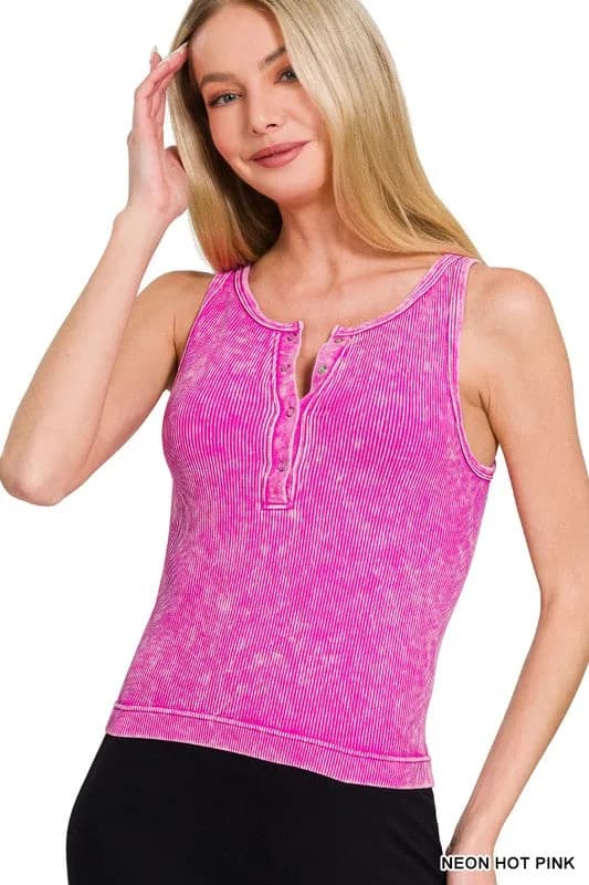 Washed Ribbed Seamless Button Up Tank Top