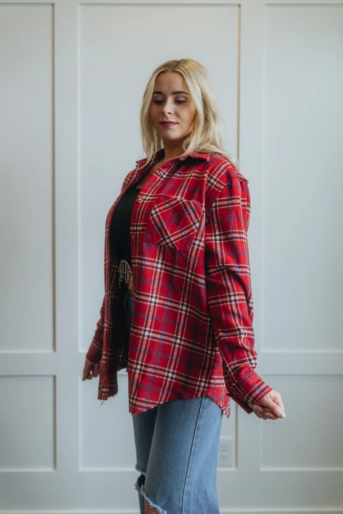Button Down Fall Winter Plaid Shacket La Miel (Red)