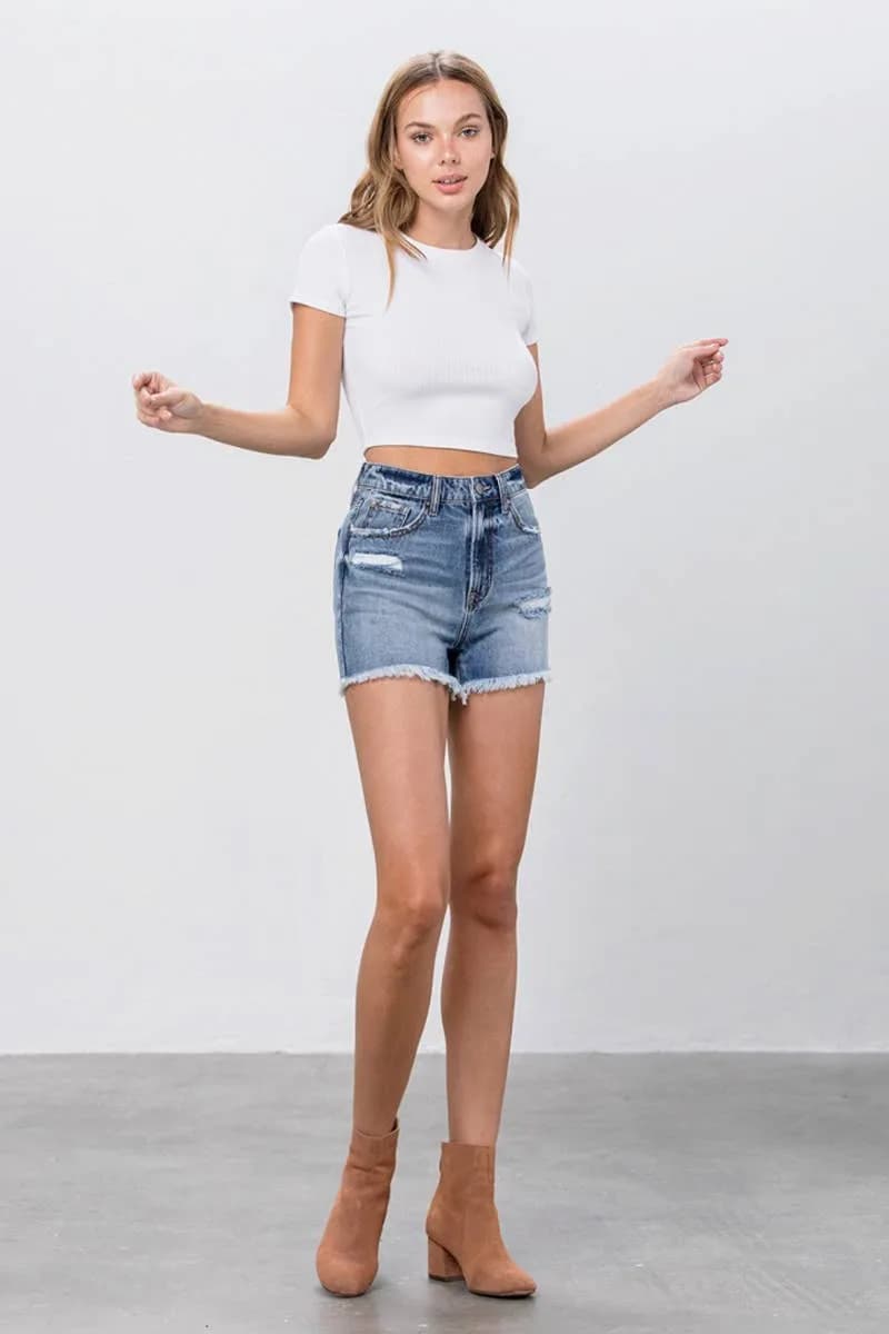 High Rise Frayed Hem Distressed Mom Shorts
