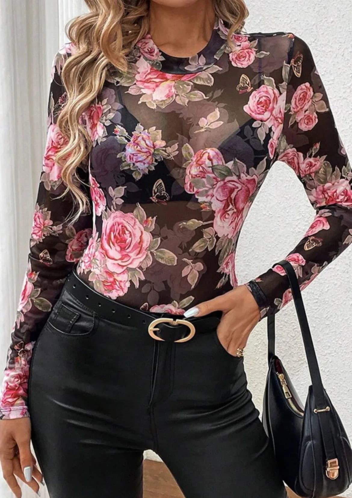 Rose Printed Mesh Top