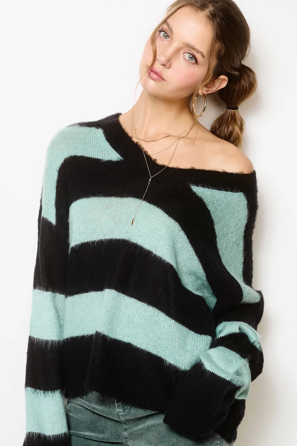 Oversized Fuzzy Soft Stripe V-neck Knit Sweater