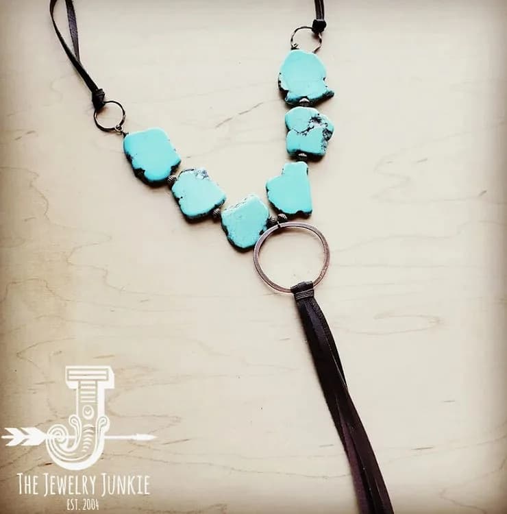 Turquoise Slab Necklace with Genuine Leather Tassel Jewelry Junkie
