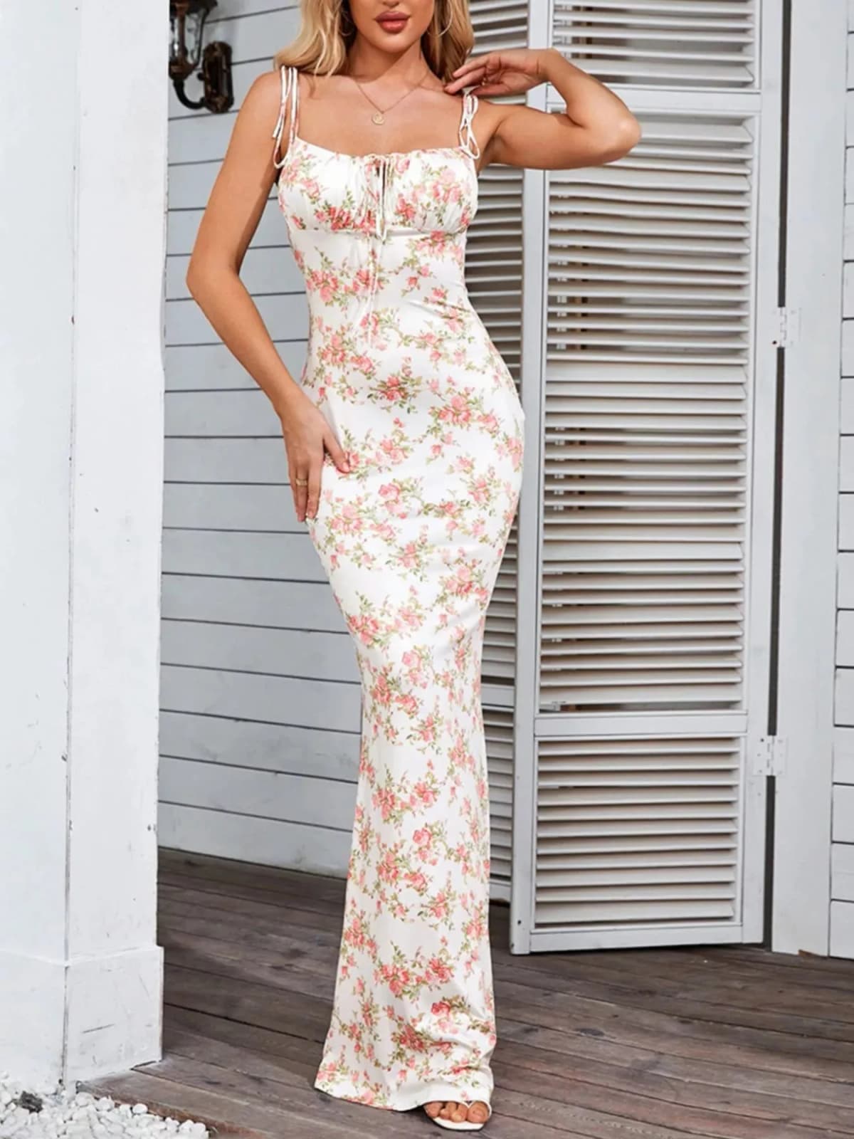 Floral Print Tie Strap Bodycon Maxi Dress