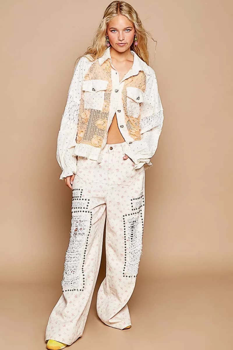 Long Sleeve Flower Pearl Detail Button Down Shirt Top by POL