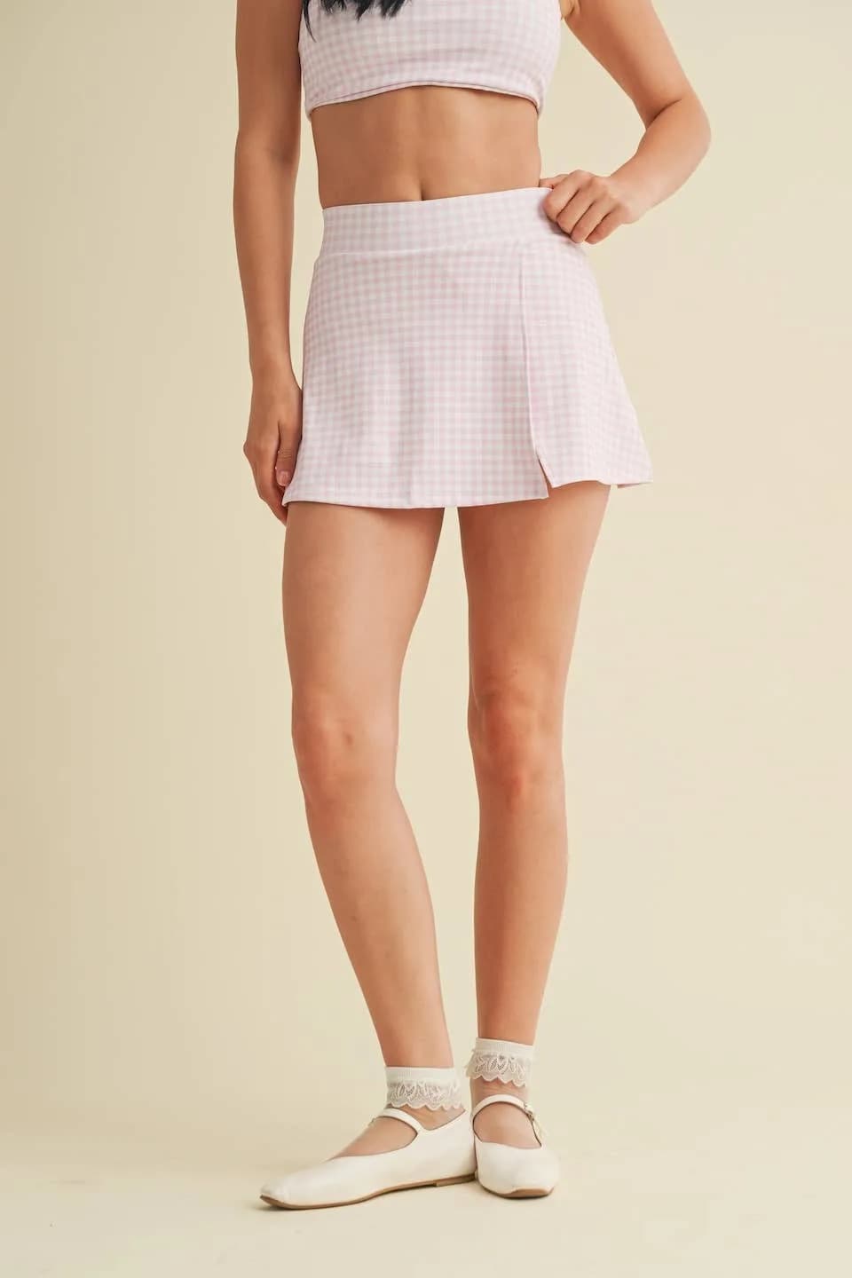 Gingham Print Side Slit A-Line Skort with Pocket by Kimberly C