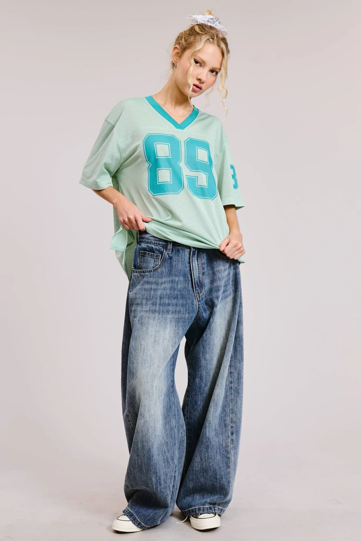 Mint V Neck Sporty Jersey Shirt Top With Printed 89