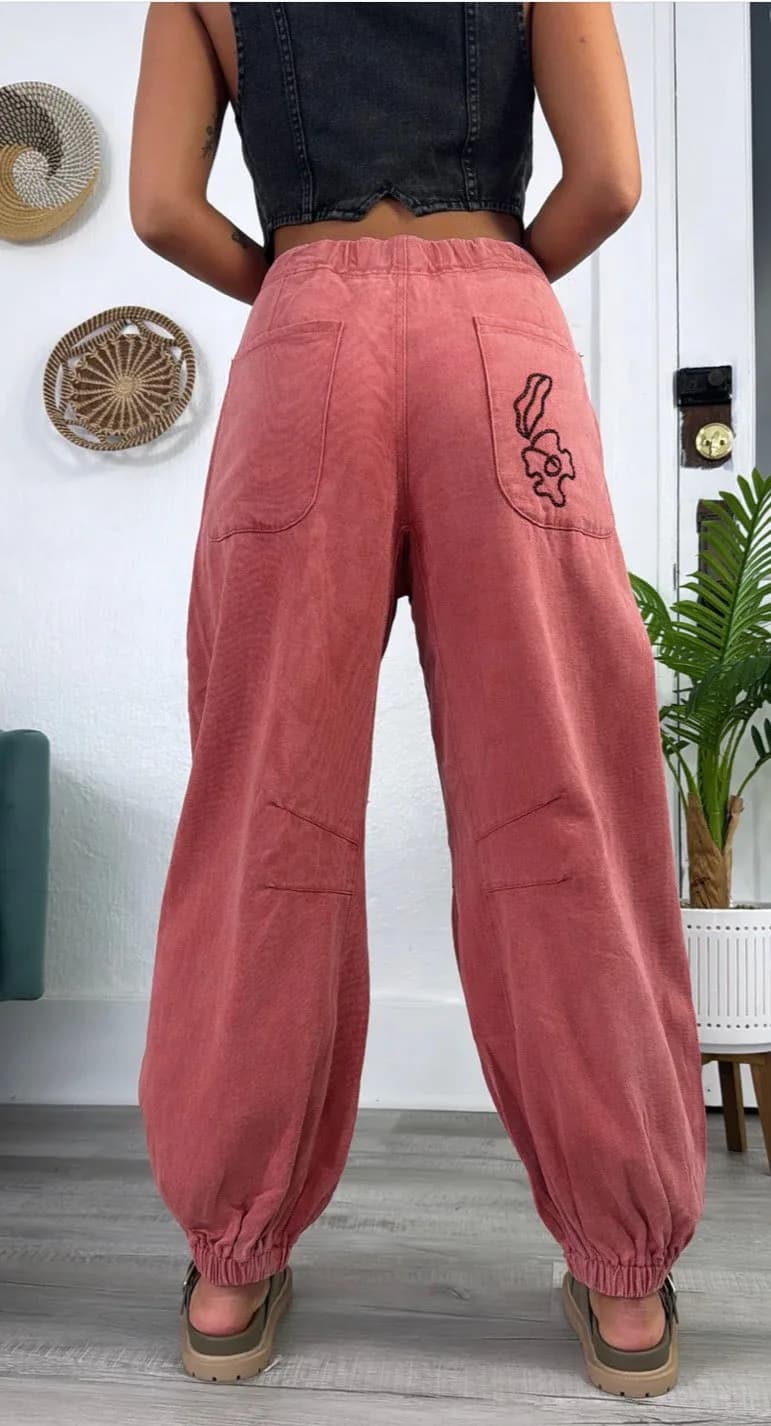 Floral Embroidered Pattern Solid Twill Jogger Pants by POL