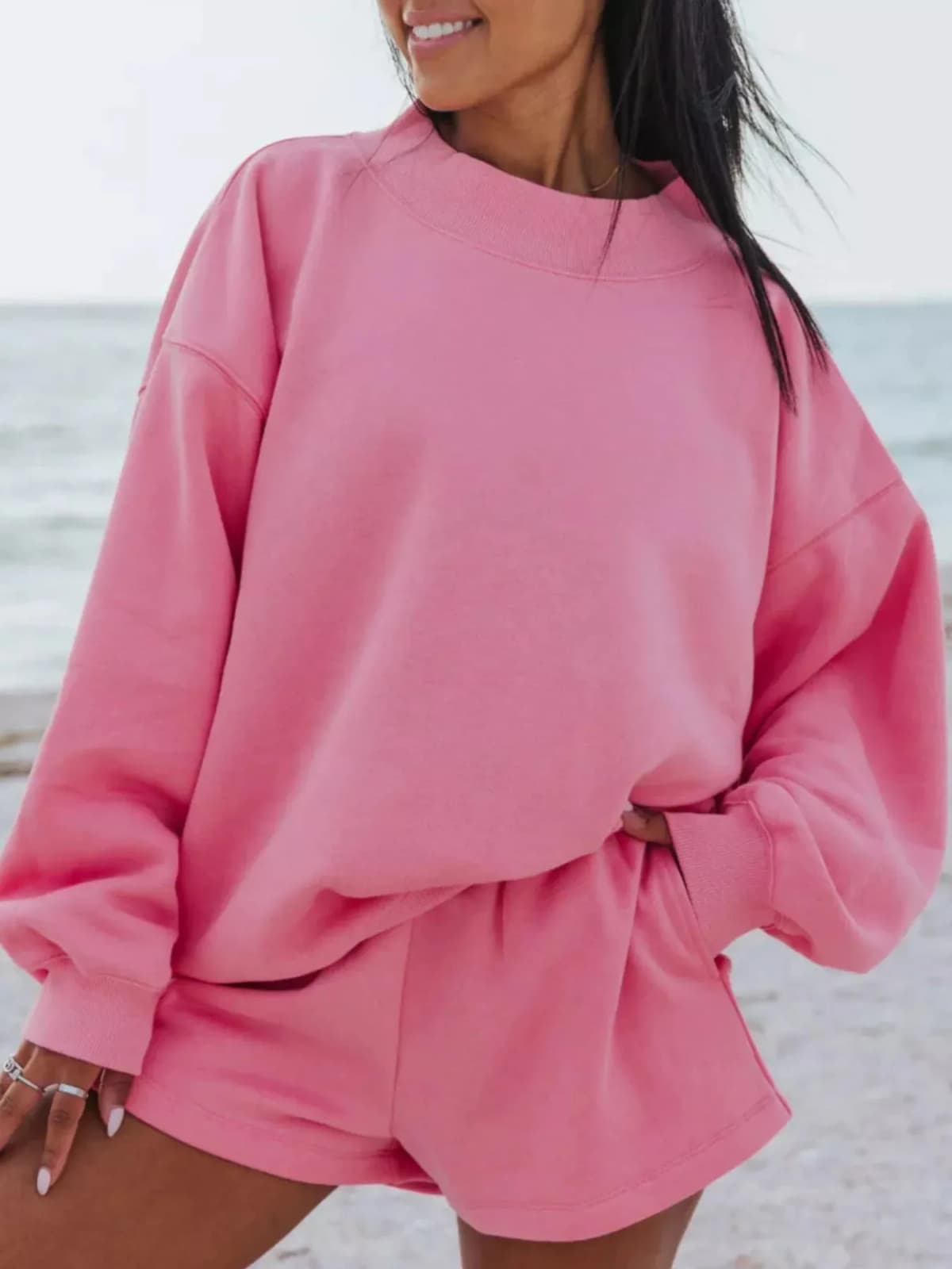 Relaxed Fit Round Neck Sweatshirt and Shorts Set Multiple Colors