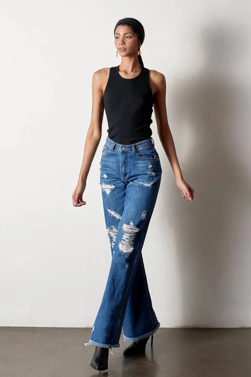 High Rise Distressed Frayed Hem Dad Jeans
