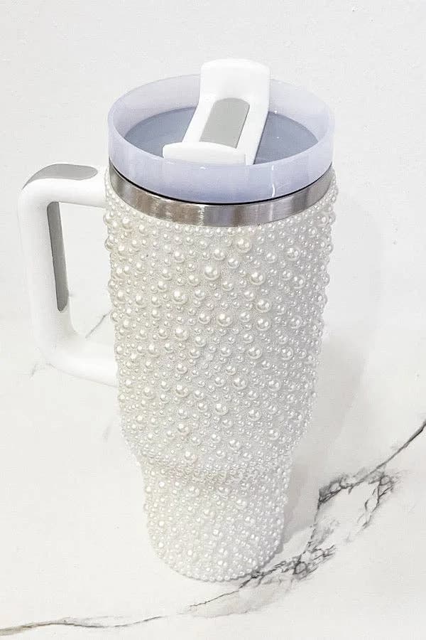 40 oz White Pearl Studded Tumbler
