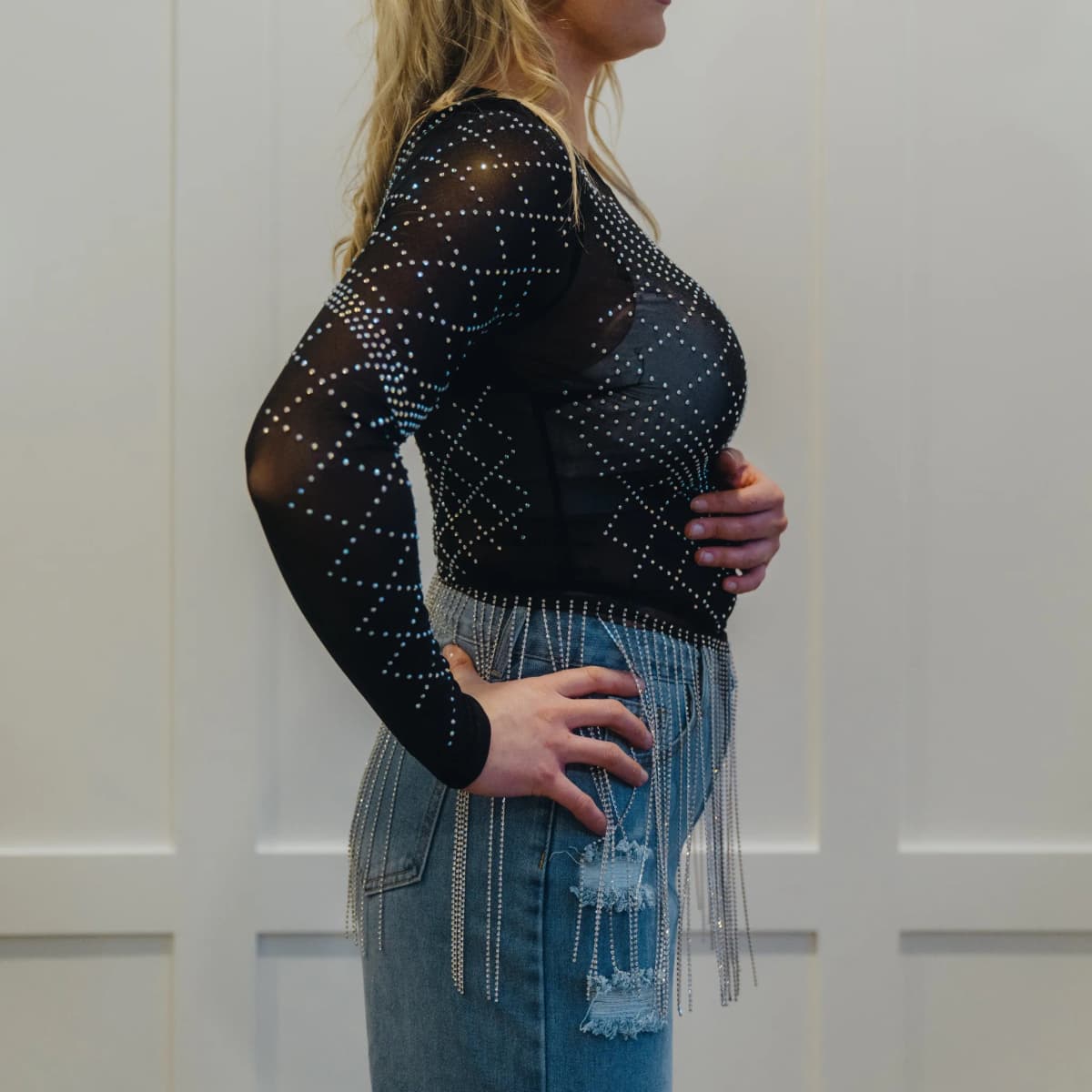 Stretch Mesh Studded Rhinestone Fringe Long Sleeve Top